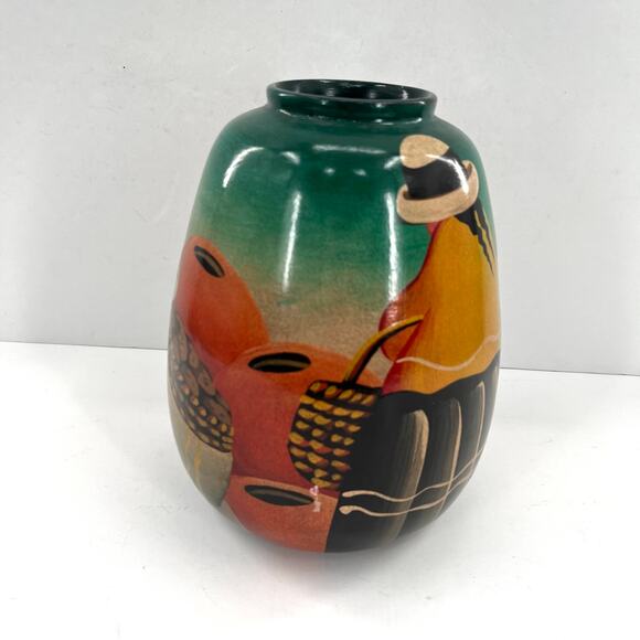 Crory Peruvian folk art pottery hand painted people in hats mountains vase - Picture 8 of 9